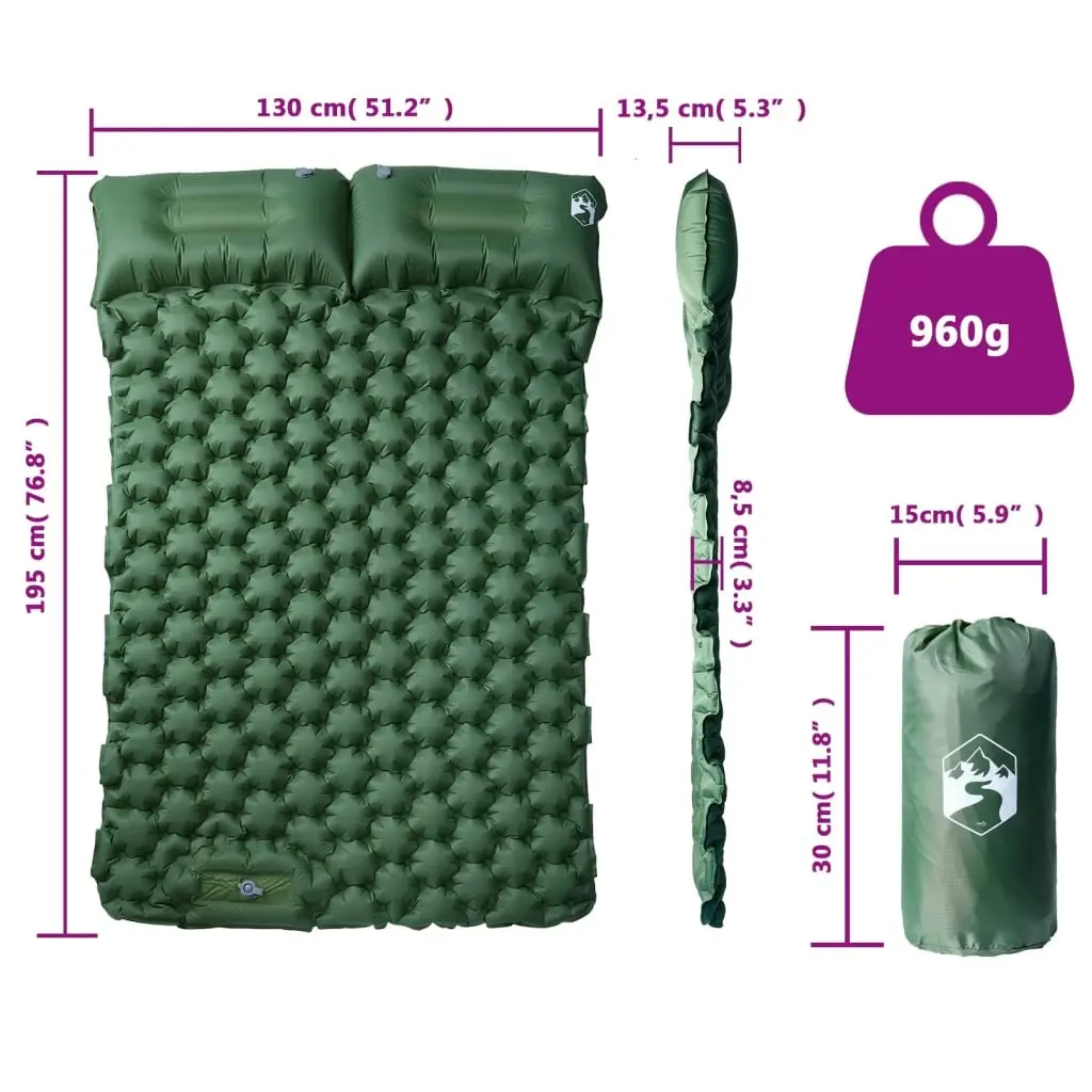 Self Inflating Camping Mattress 2 Person with Integrated Pillows Quick Inflation Green