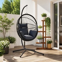 Hanging Egg Chair with Stand Anthracite Rattan Steel Frame Garden Porch Swing