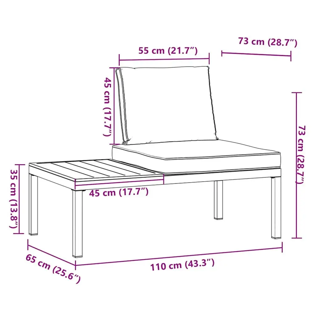 Garden Bench Black Aluminium Frame with Cushions Integrated Side Table