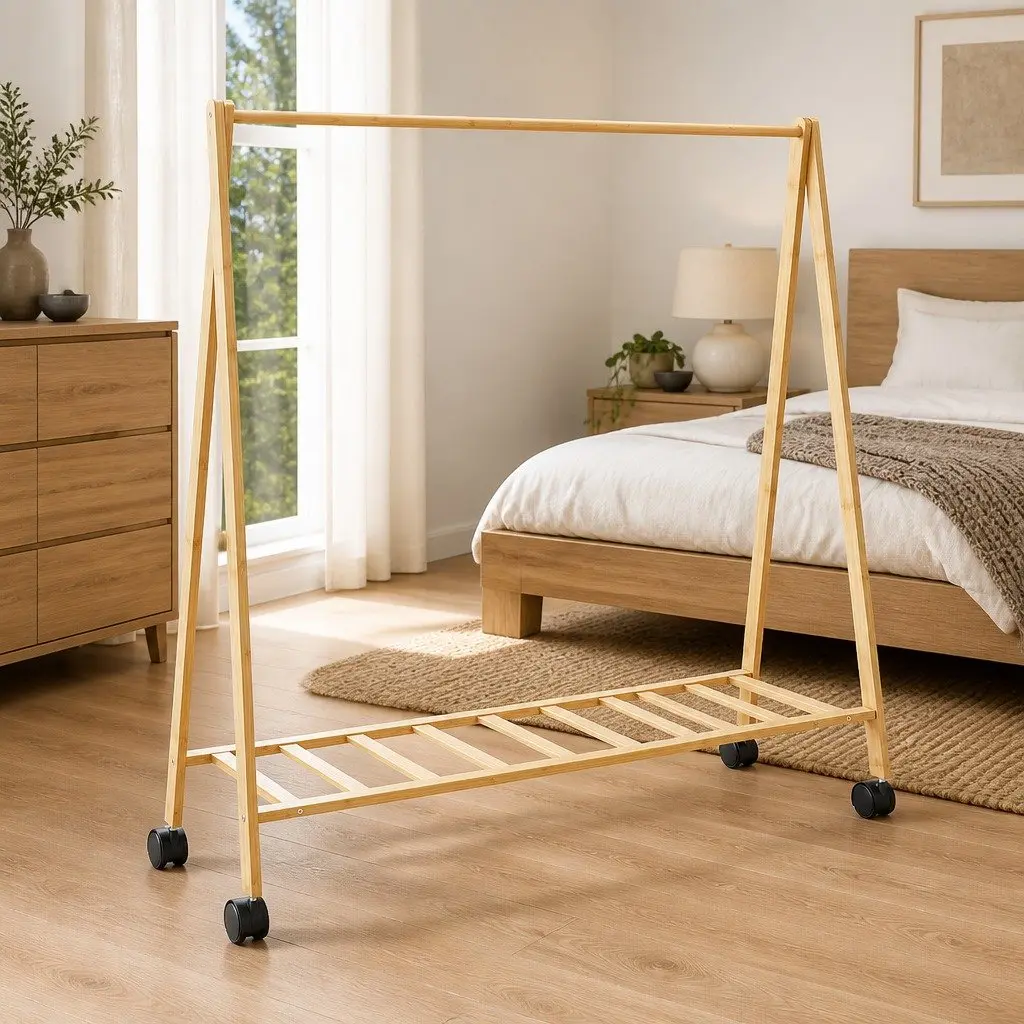 Bamboo Clothes Rack with Shelves Foldable Garment Storage Organiser with Wheels Brown