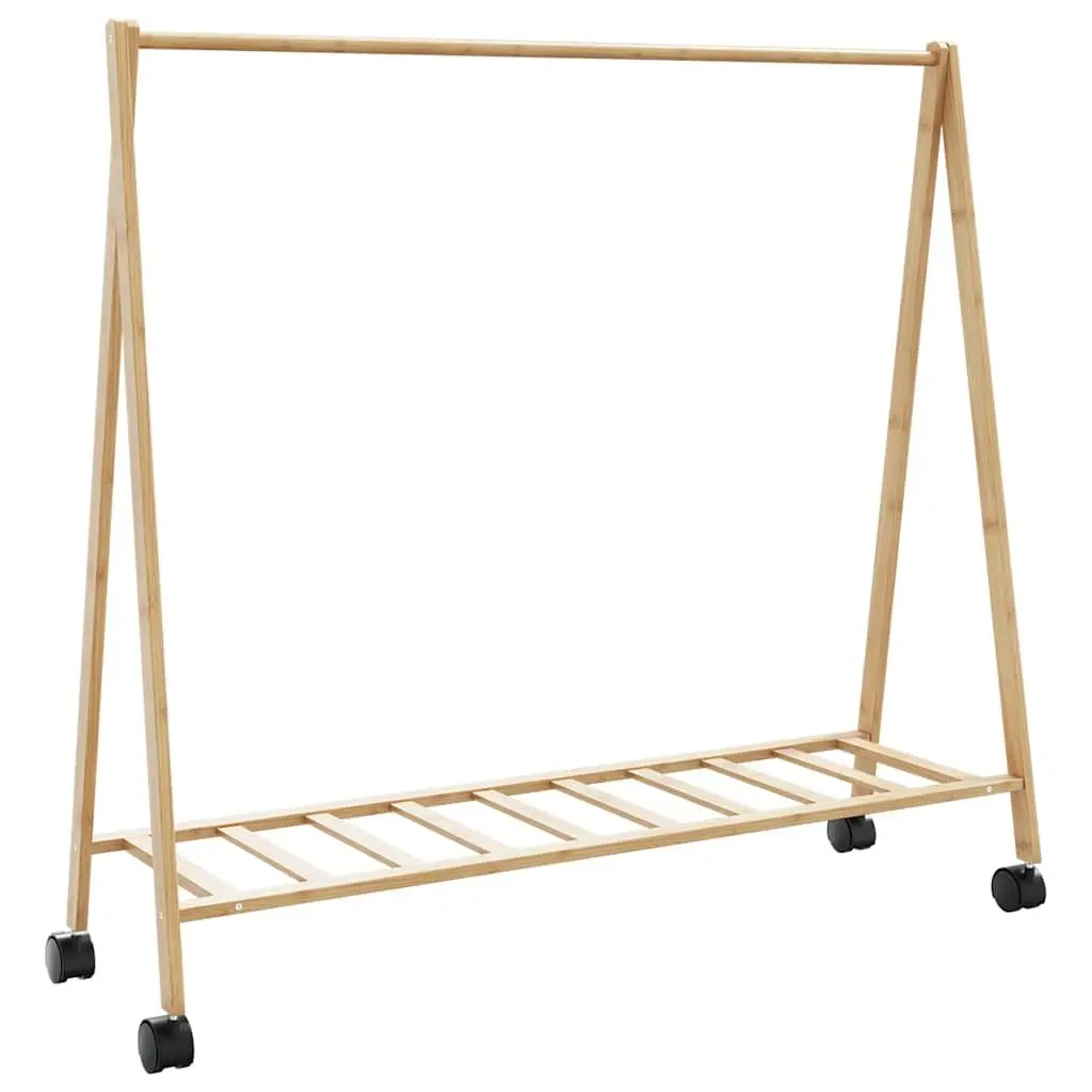 Bamboo Clothes Rack with Shelves Foldable Garment Storage Organiser with Wheels Brown