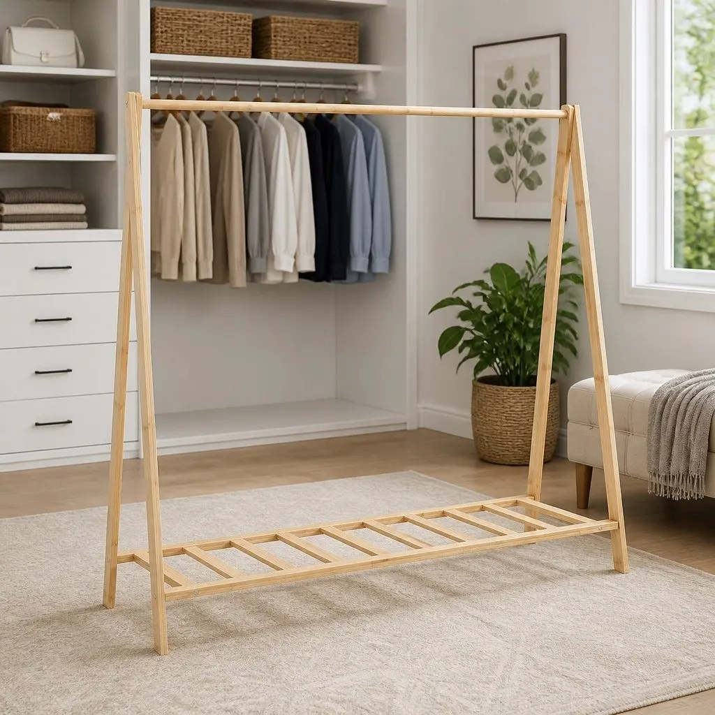 Bamboo Clothes Rack with Shelves Foldable Garment Organiser for Space Saving Storage