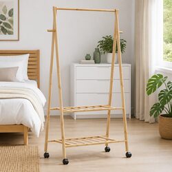 Bamboo Clothes Rack with Shelves Wheels Foldable Garment Organiser Storage