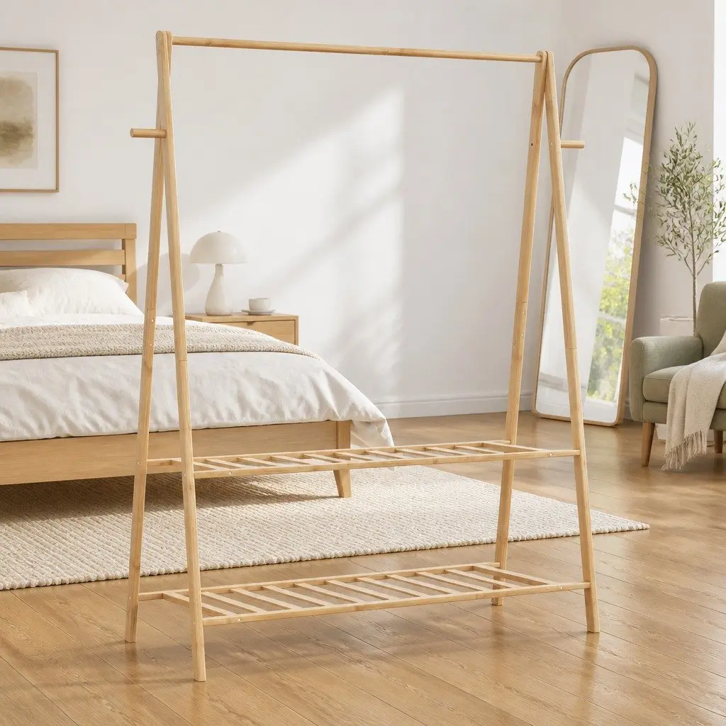 Bamboo Clothes Rack Foldable Garment Organiser with Shelves for Storage and Coat Stand