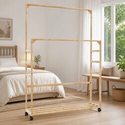 Stylish Brown Bamboo Clothes Rack with Shelves