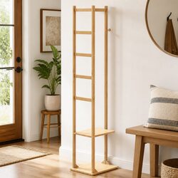 Bamboo Coat Stand with Hooks and Shelves Garment Rack Storage Organiser Brown