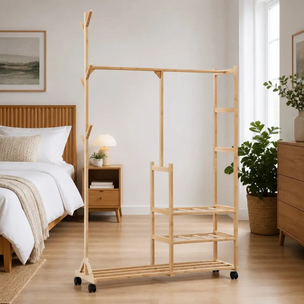 Bamboo Clothes Rack with Wheels and Hooks Organiser for Wardrobe Storage