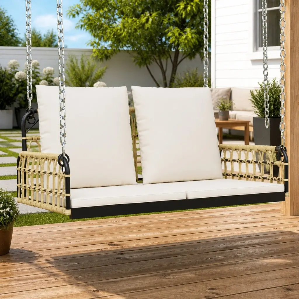 Swing Bench Outdoor Garden Seating Poly Rattan Steel Frame with Cushions Brown