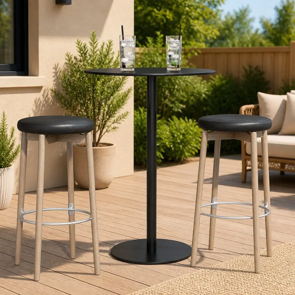 Round Garden Table 60cm Black Steel Frame Outdoor Patio Furniture