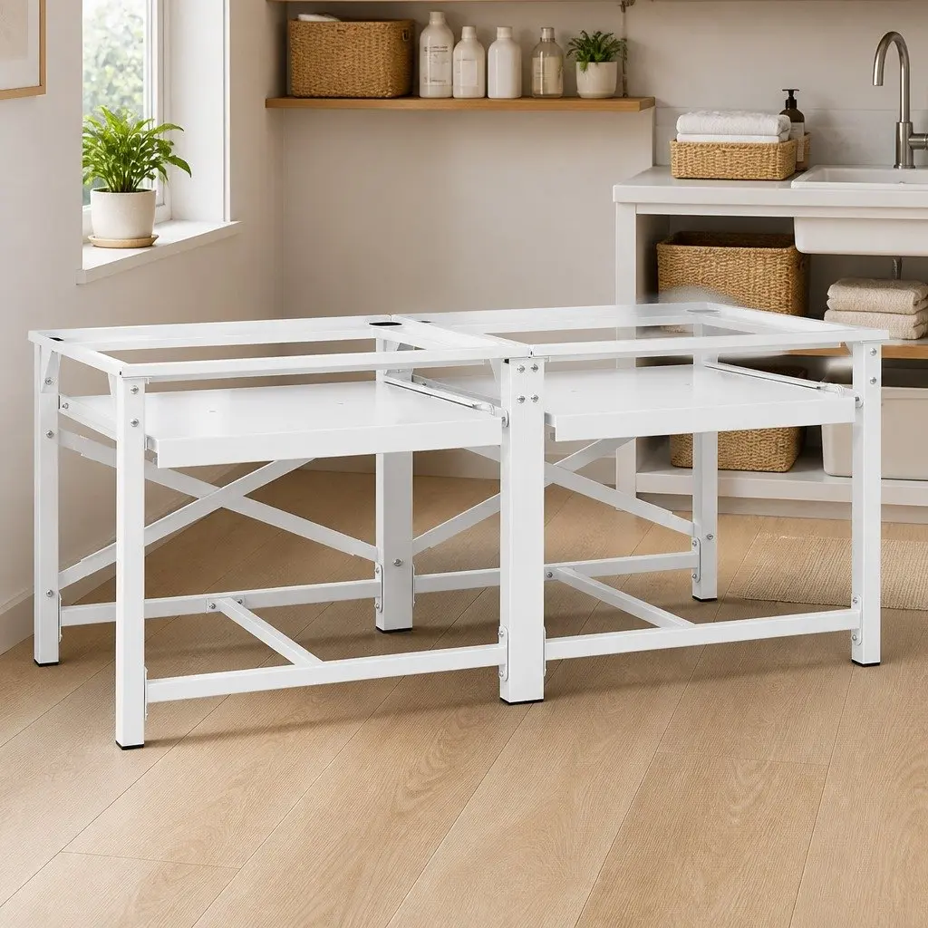 Washing Machine Pedestal White Stable Steel Frame with Pull-Out Storage Shelves