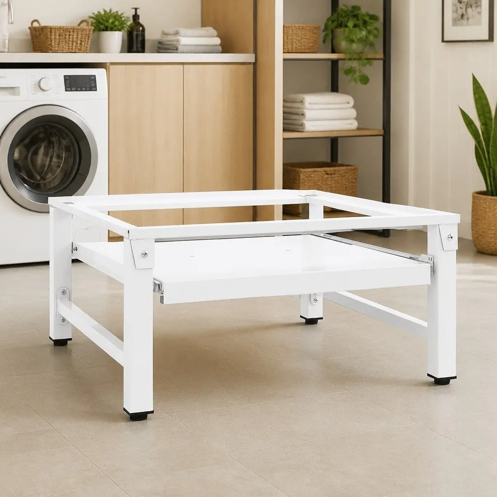 Washing Machine Pedestal White Steel Frame Pull-out Shelf Storage