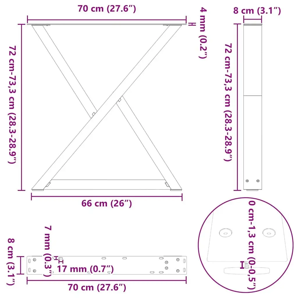Dining Table Legs 2 pcs Black 70x72-73.3cm Steel Adjustable Feet Levellers