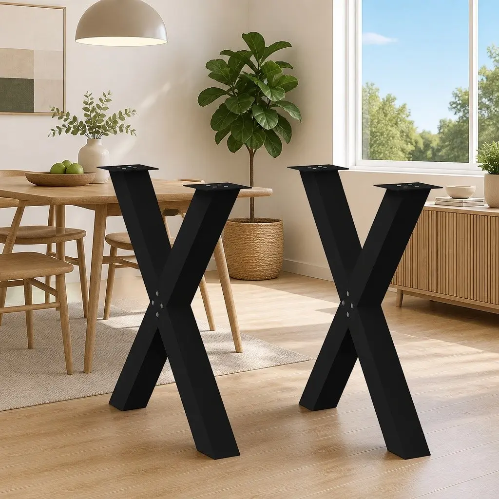 Dining Table Legs 80 cm X-Shaped Black Powder-Coated Steel Adjustable Feet 2 pcs Heavy Duty Support