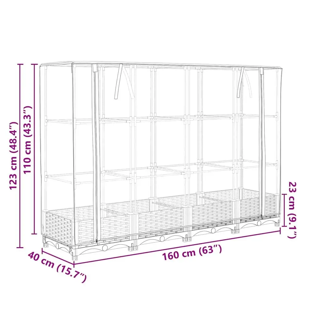 Raised Bed Greenhouse Cover 160x40x123cm Water-Resistant Polyethylene Grey Rattan Look