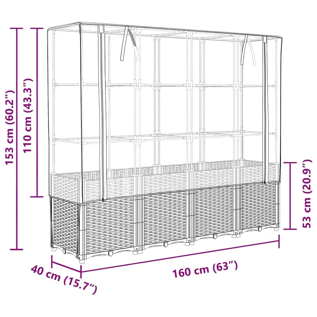 Raised Garden Bed 160x40x153cm with Greenhouse Cover Grey Rattan Look