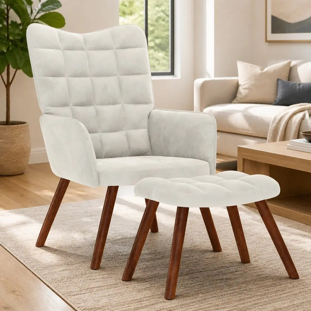 Relaxing Chair Cream Velvet Armchair with Matching Stool Footrest