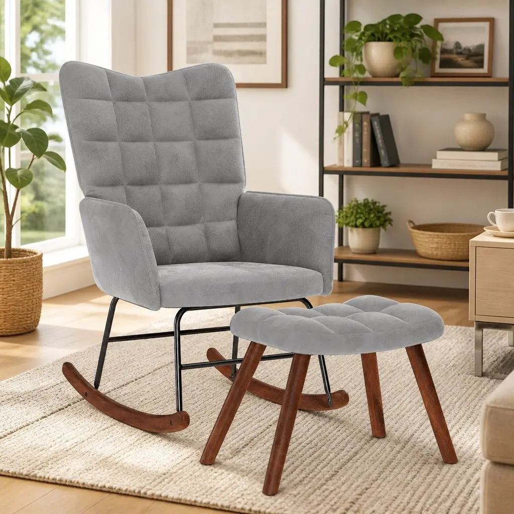 Grey Velvet Padded Rocking Chair with Matching Footstool Sturdy Frame for Living Room Bedroom Study