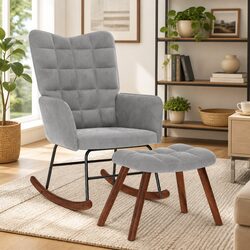 Grey Velvet Armchair Rocking Chair with Footstool