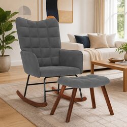 Elegant Grey Velvet Rocking Chair with Matching Footstool