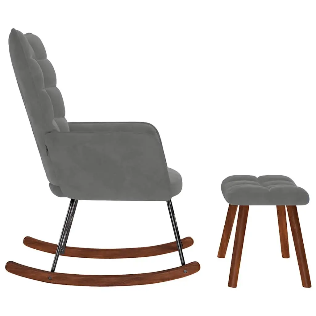 Rocking Chair with Footstool Grey Velvet Padded Seat and Backrest Sturdy Frame Construction