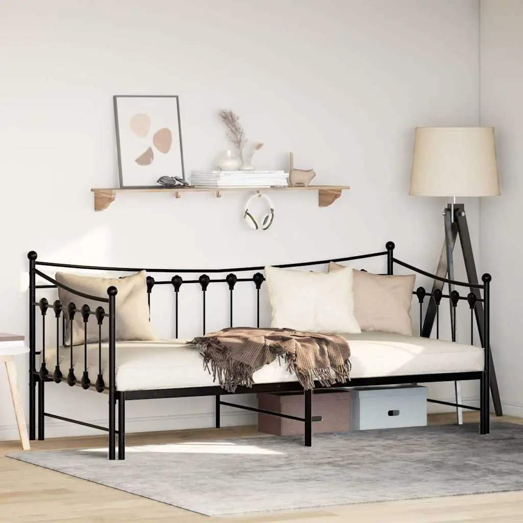 Daybed with Trundle Black 92x187cm Metal Frame Sofa Bed with Under-bed Storage Space