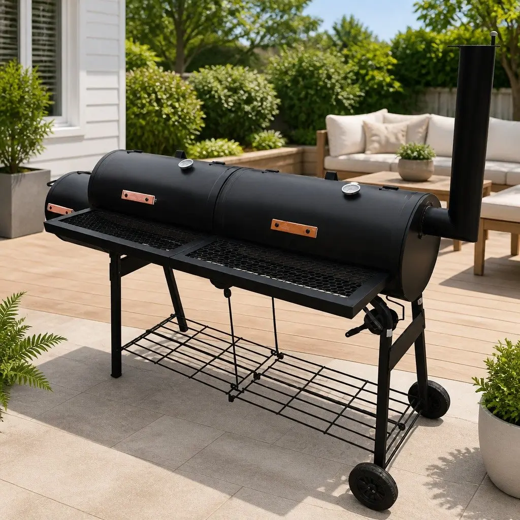 Offset Smoker Grill Black XL Outdoor Charcoal BBQ with Temperature Gauge and Two Smoking Chambers