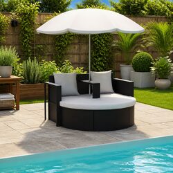 Outdoor Rattan Lounge Bed Set with Parasol Cream Cushions Garden Furniture