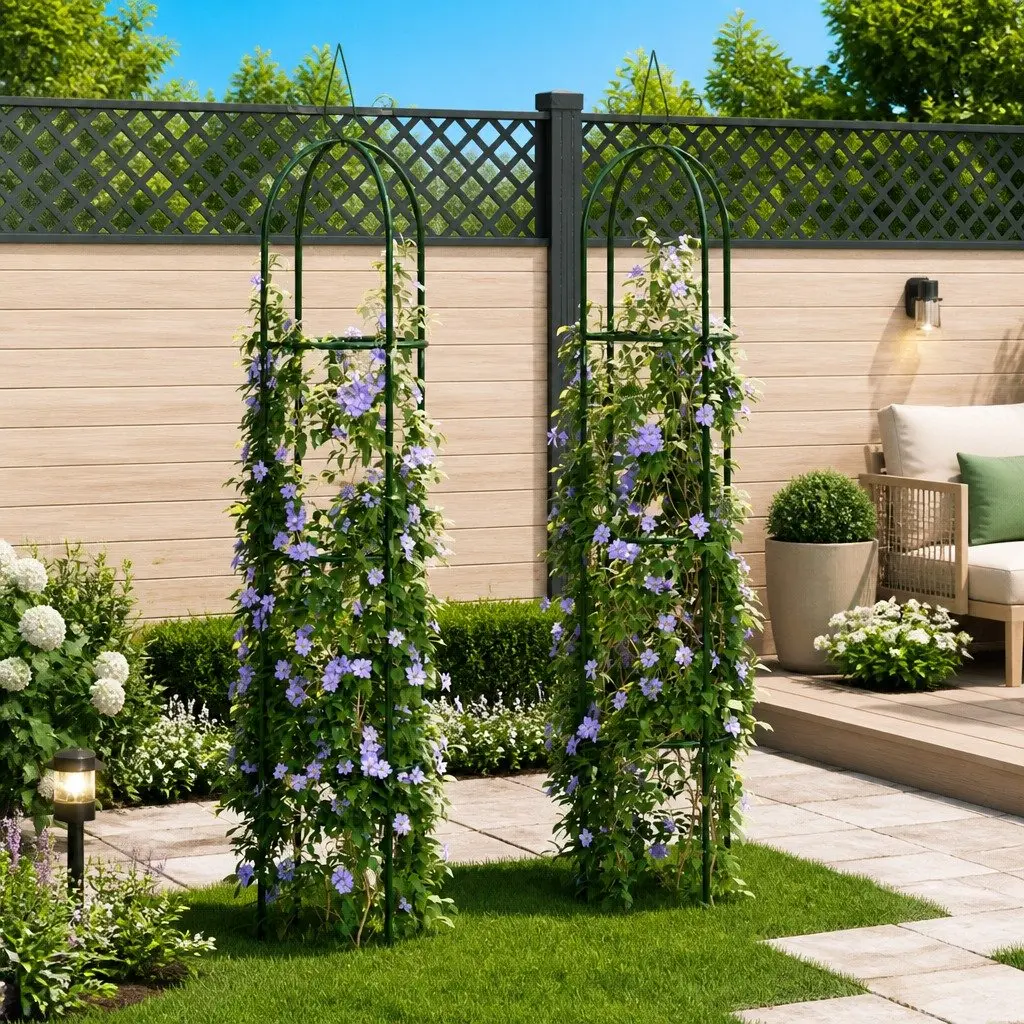 Garden Arch Tower Set 2 Pieces Iron Construction Weather Resistant Supports Climbing Plants Green