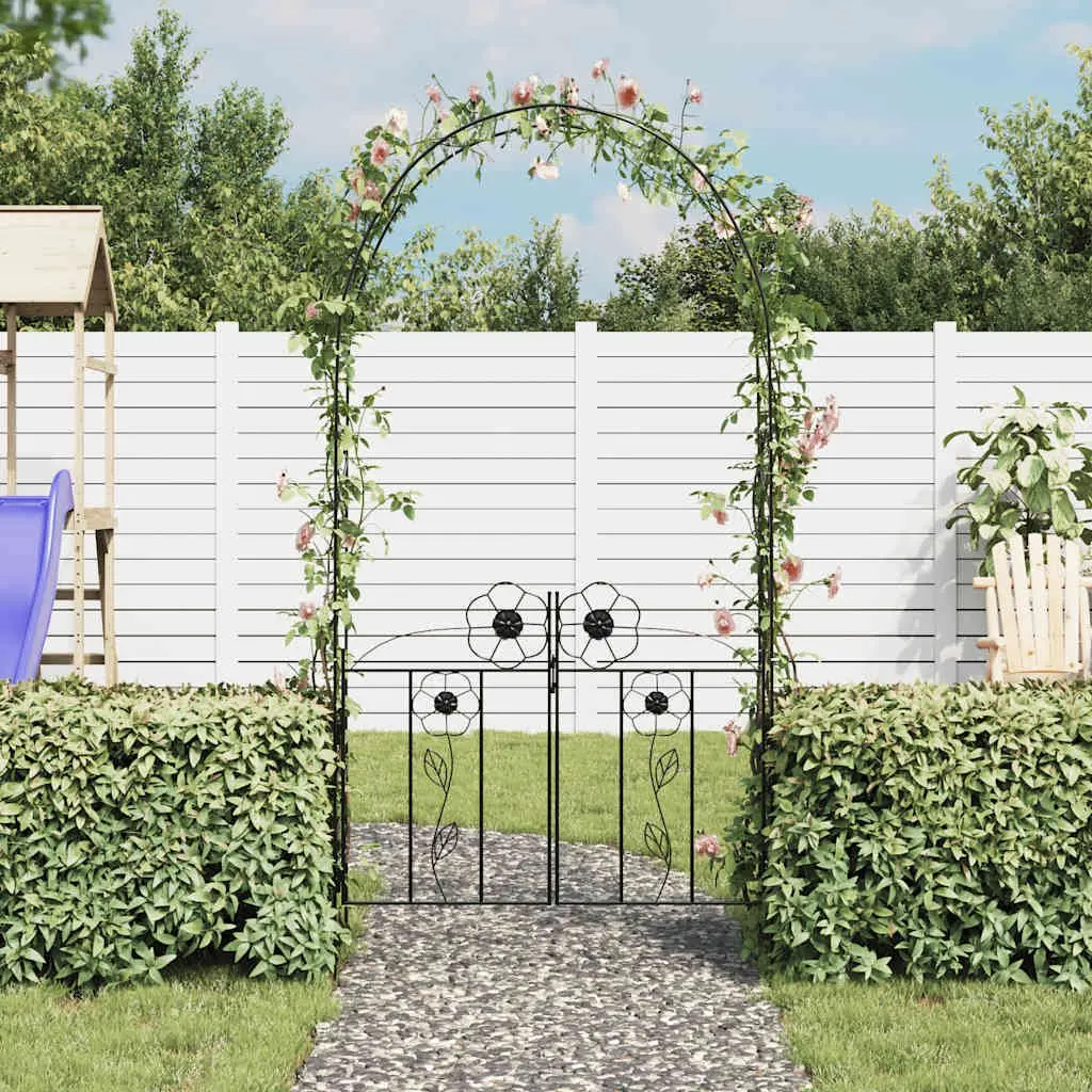 Garden Arch with Door Black Iron Durable Construction for Climbing Plants