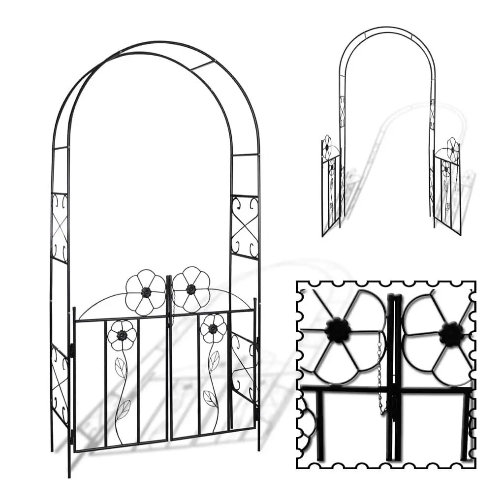 Garden Arch with Door Black Iron Durable Construction for Climbing Plants