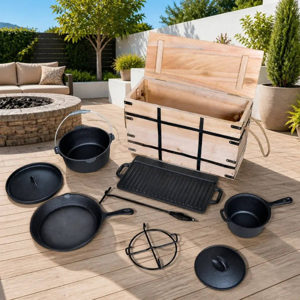 Dutch Oven Set 9 Piece Black Cookware for Outdoor BBQ Camping with Grill Plate Pan and Accessories