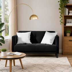 Loveseat Sofa Black 111cm Velvet Fabric Compact Two Seater Couch Living Room