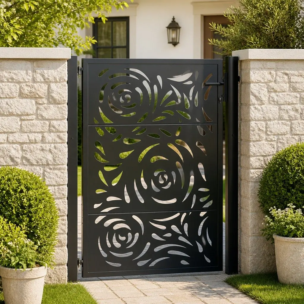 Garden Gate Black 100x125cm Steel Laser-Cut Design Entrance Fence Patio Driveway