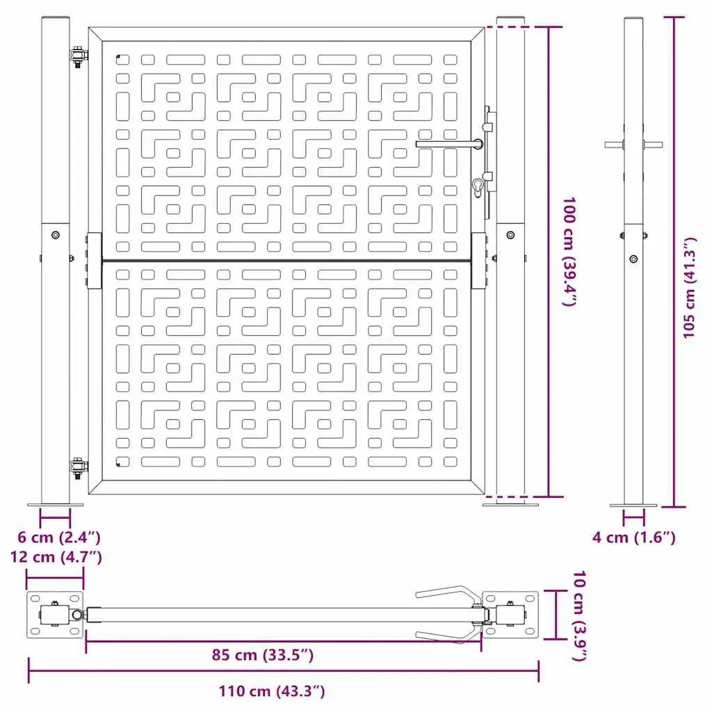 Garden Gate Black 100x100 cm Steel Cross Design Outdoor Fence Entry Lockable