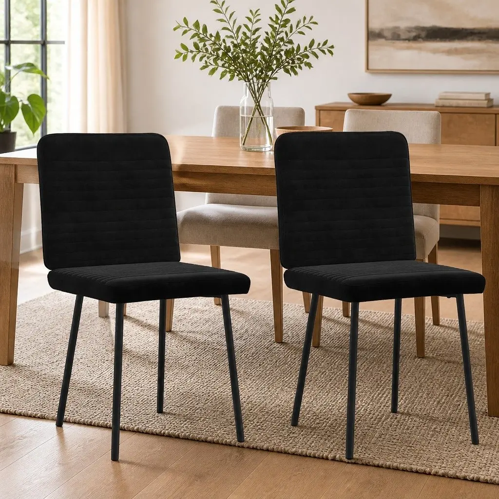 Dining Chairs Set of 2 Black Velvet Foam Padded Seat Metal and Wood Frame