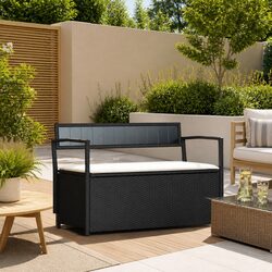 Garden Storage Bench with Cushion Black Poly Rattan Outdoor Seating Organiser