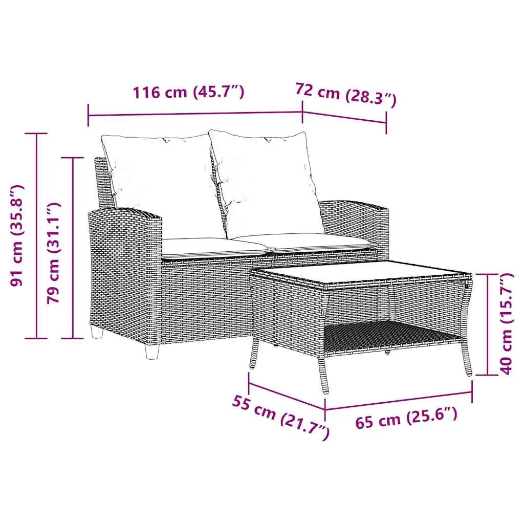 Garden Sofa 2-Seater Outdoor Furniture with Cushions and Coffee Table Black