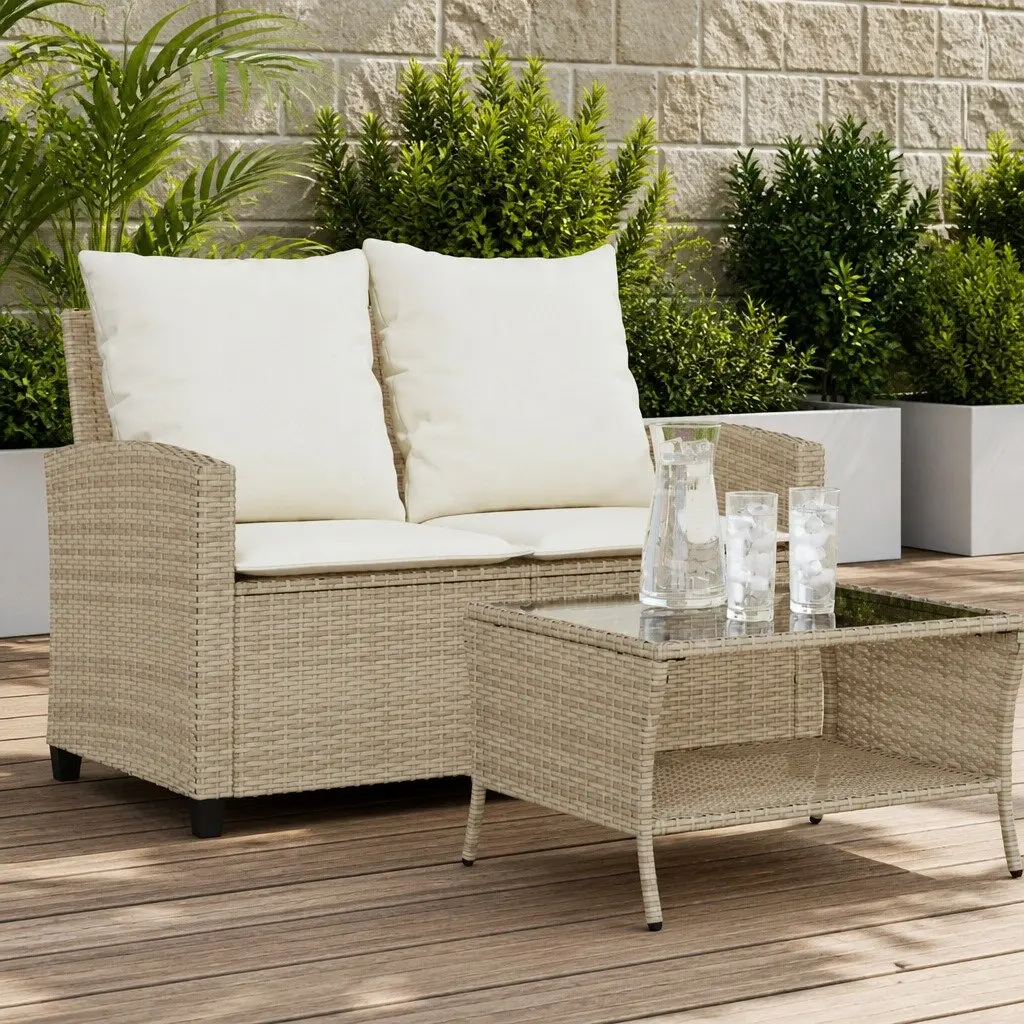 Garden Sofa 2-Seater Outdoor Lounge PE Rattan Frame Tempered Glass Table Beige