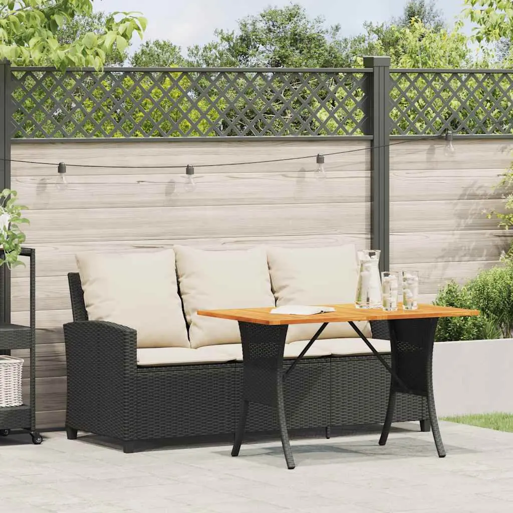Garden Sofa 3-Seater with Cushions Acacia Wood Table Black Poly Rattan Outdoor Furniture