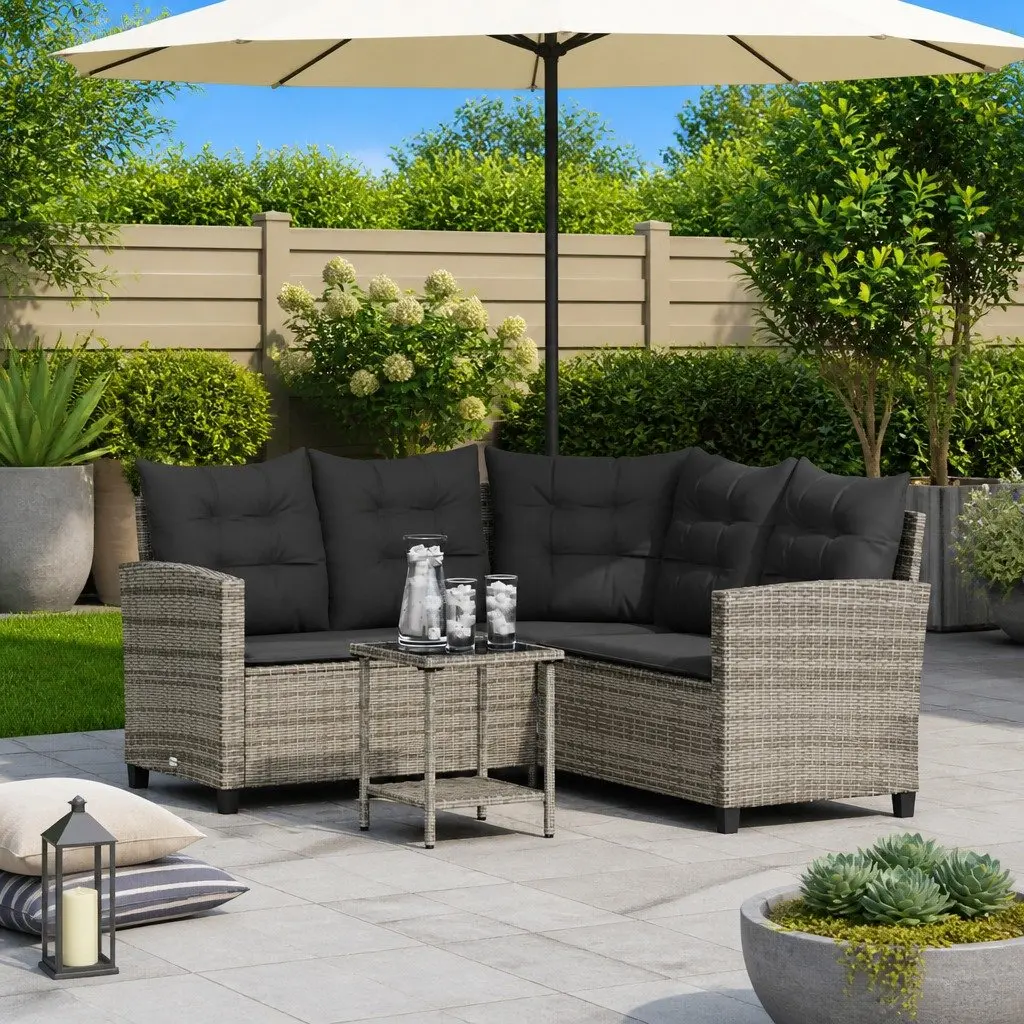 L-Shaped Garden Sofa Set Grey Poly Rattan Outdoor Lounge with Cushions and Table