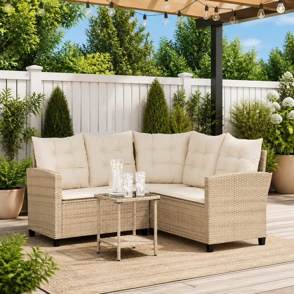 L-Shaped Garden Sofa Set with Table and Cushions Beige PE Rattan Outdoor Furniture