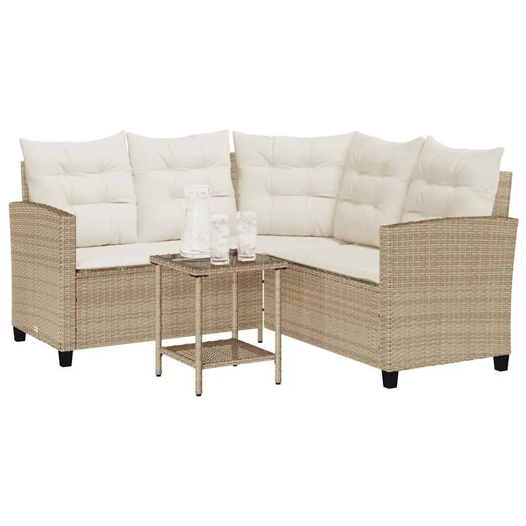 L-Shaped Garden Sofa Set with Table and Cushions Beige PE Rattan Outdoor Furniture