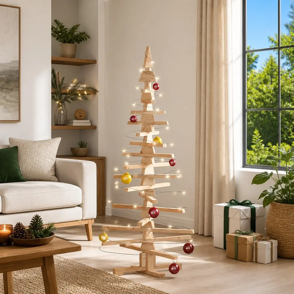 Wooden Christmas Tree Decoration 150cm Solid Pine Wood Rustic Holiday Home Decor