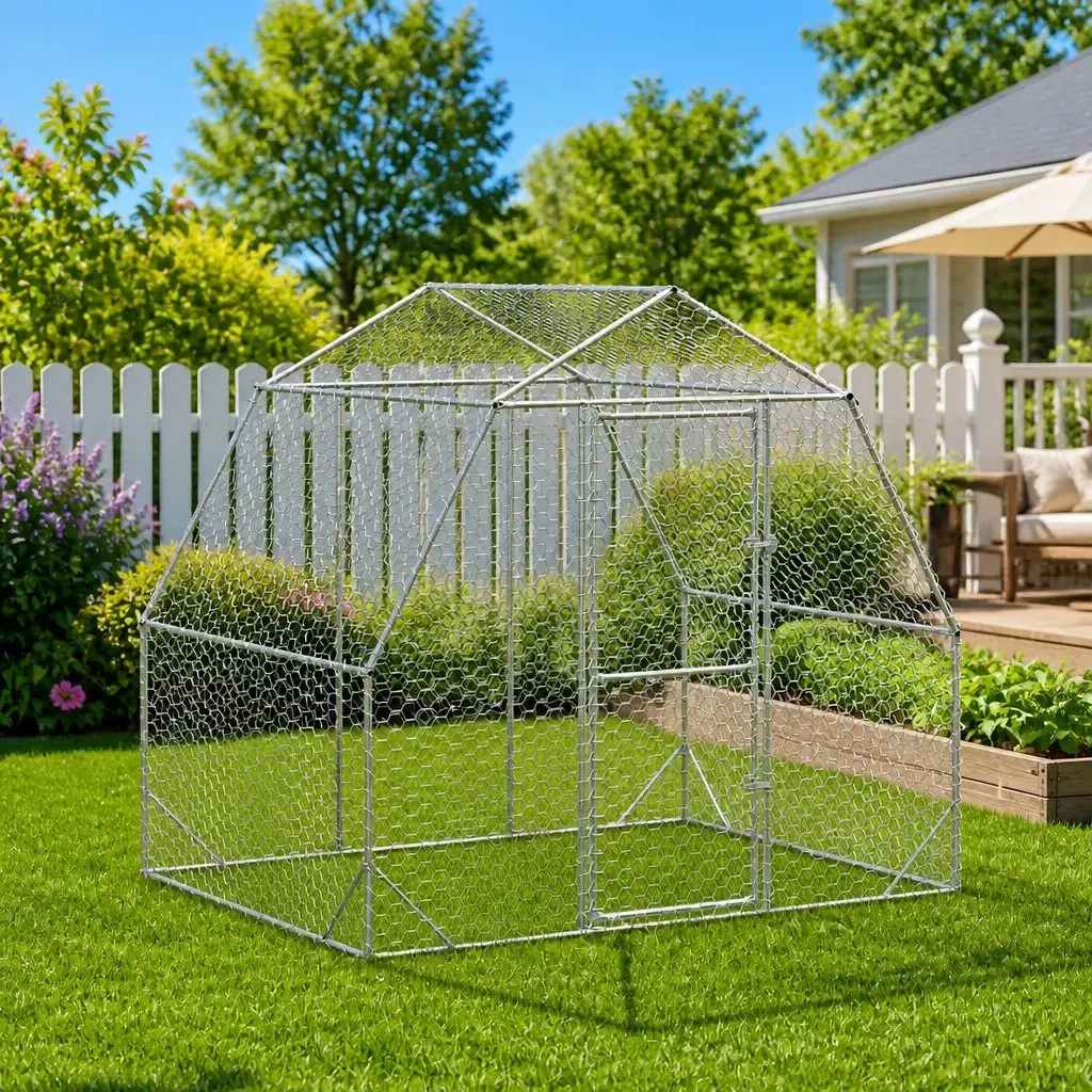 Walk-In Chicken Coop Enclosure 2.5x2x2.25m Galvanised Steel Frame Hexagonal Mesh Wire Silver
