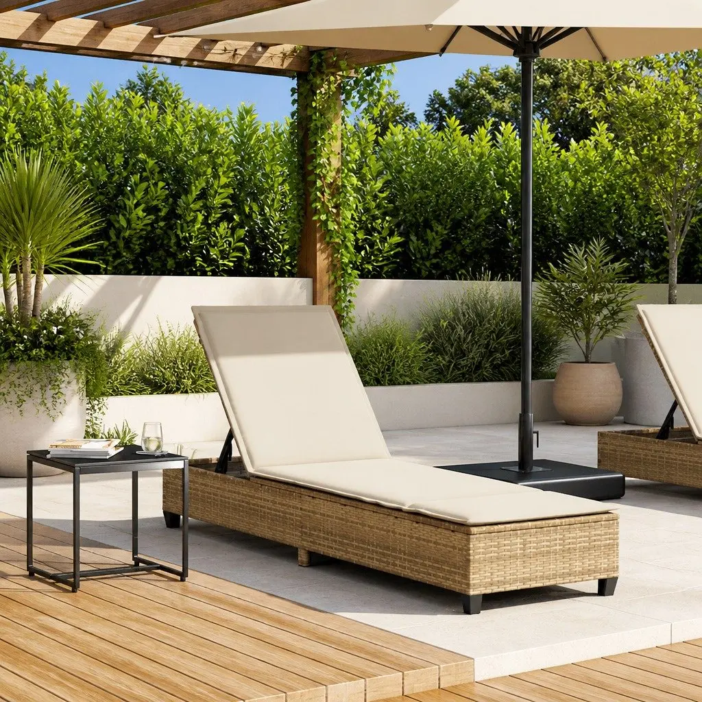 Sun Lounger Beige Adjustable Backrest Outdoor Reclining Chair with Cushions