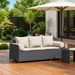 3-Seater Garden Sofa Black Outdoor Cushioned Patio Seating Rattan Lounge Chair