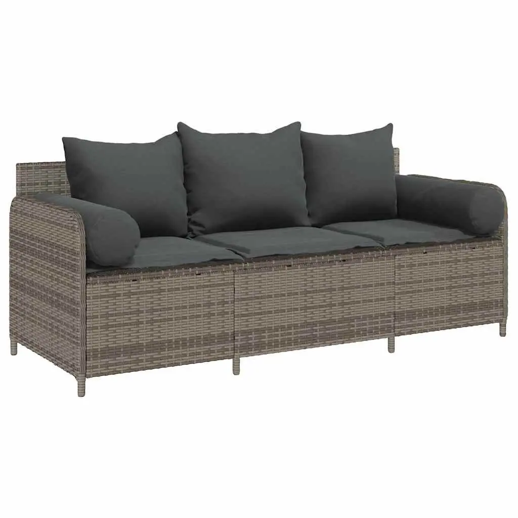 3-Seater Garden Sofa Outdoor Couch Set Grey Poly Rattan with Cushions