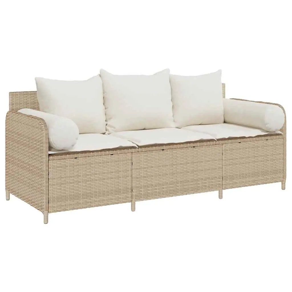 3-Seater Outdoor Patio Sofa Beige Durable Poly Rattan with Thick Cushions