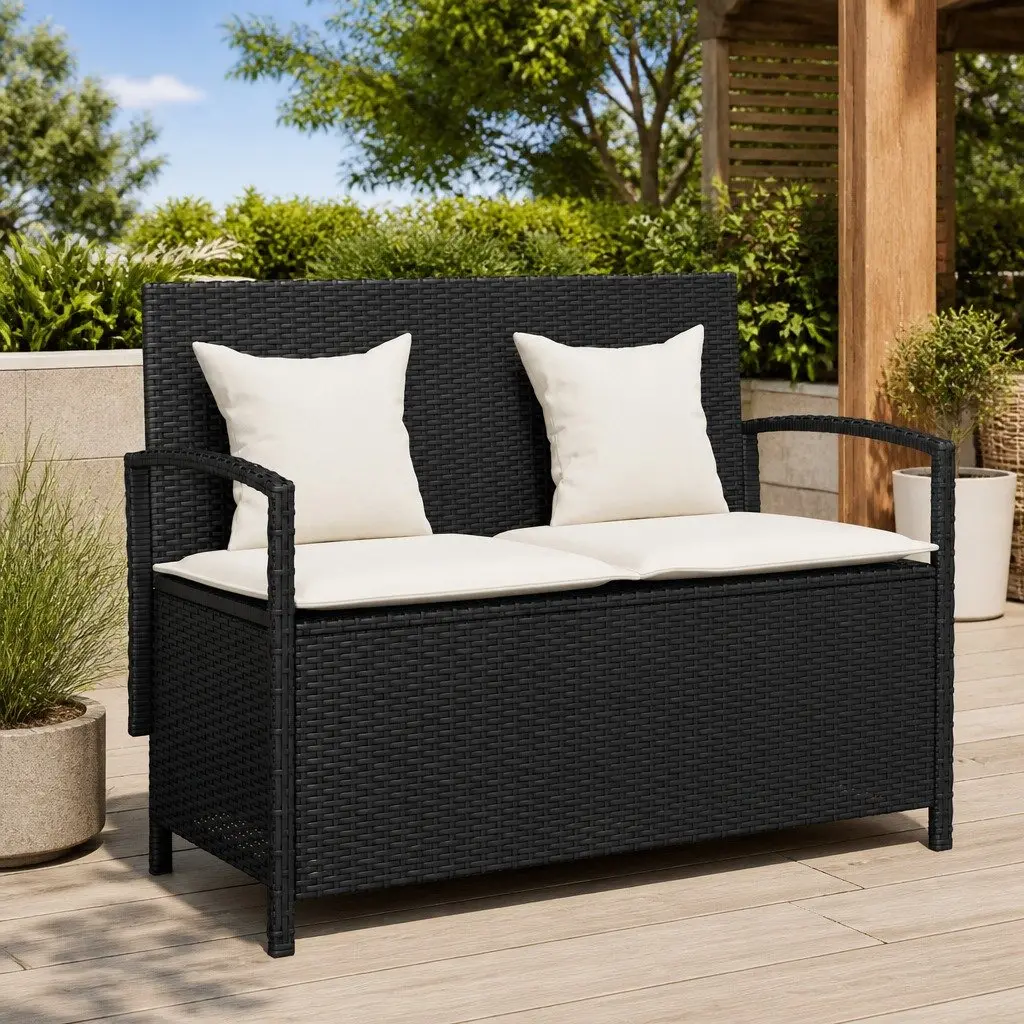 Outdoor Garden Storage Bench Black PE Rattan with Cushion and Gas Spring Lid