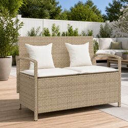 Garden Storage Bench with Cushion Outdoor Seating Poly Rattan Beige Seat Box